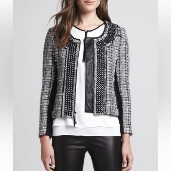 Milly Studded Leather-Trim‎ Tweed Jacket - Picture 1 of 10